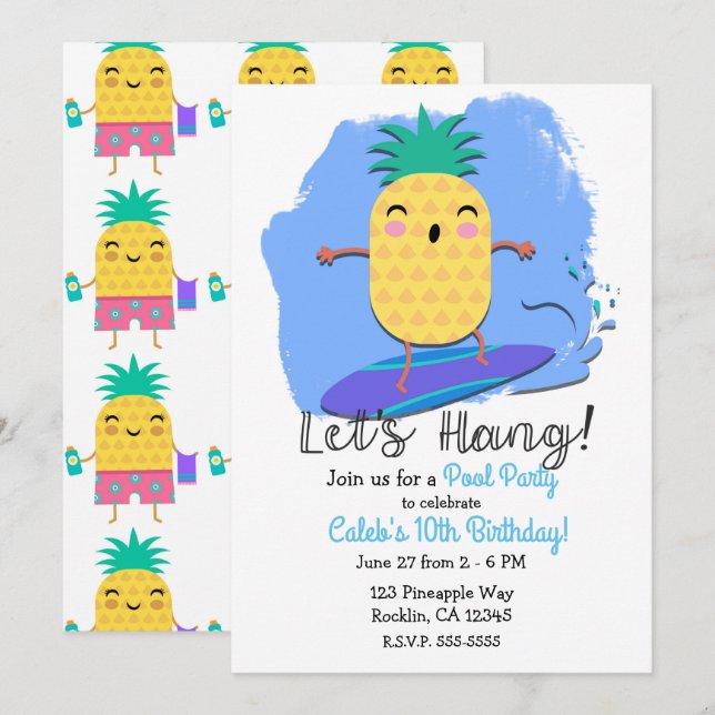 Invitation Pineapple de surf été Anniversaire Piscine Fête de (Devant / Derrière)
