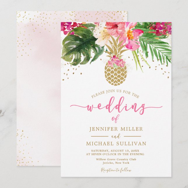 Invitation Pineappy rose or Floral Mariage tropical (Devant / Derrière)