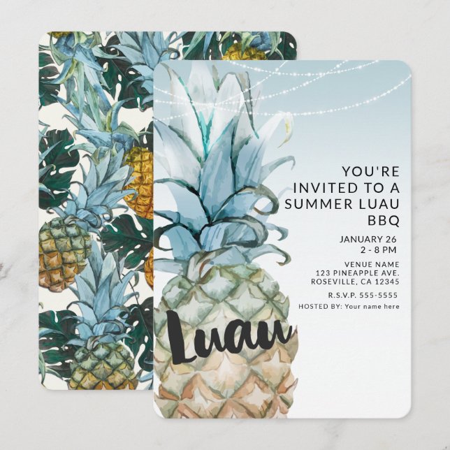 Invitation Pinède Tropicale & Guirlandes de Lumieres Été Luau (Devant / Derrière)