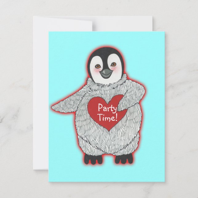 Invitation Pingouin avec l'invitation de Coeur Birthday Party (Devant)