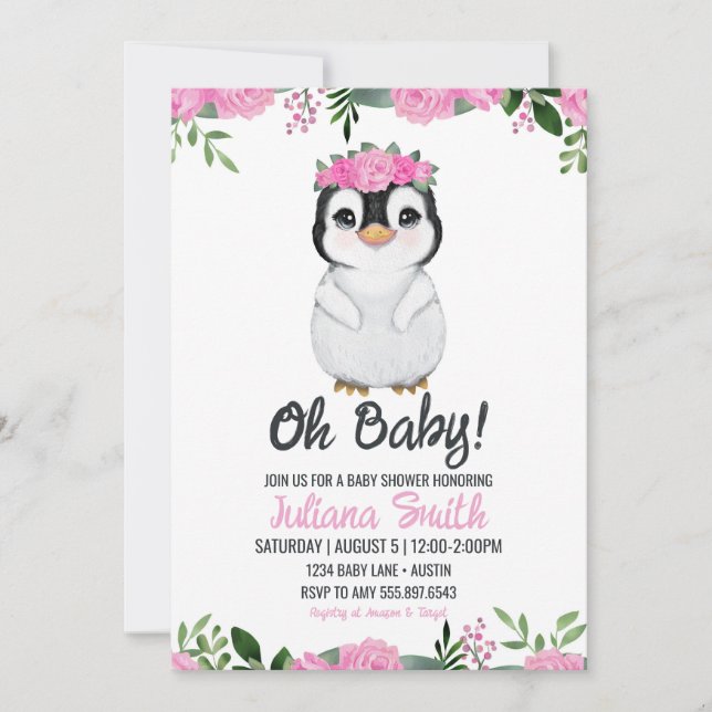 Invitation Pingouin Baby shower Floral rose noir (Devant)