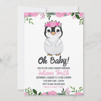 Invitation Pingouin Baby shower Floral rose noir