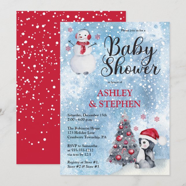 Invitation Pingouin | Baby shower Snowman Winter Boy (Devant / Derrière)