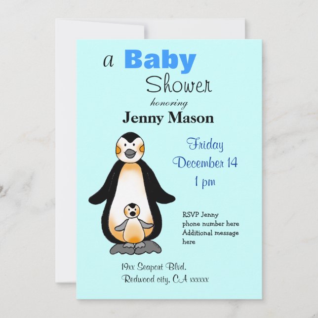 Invitation Pingouin de famille, baby shower (Devant)