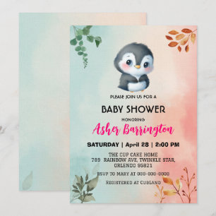 Invitation Pingouin doux mignon baby shower de fleurs de prin