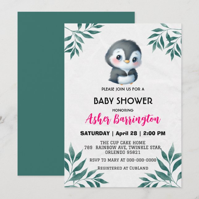 Invitation Pingouin doux printemps Feuille baby showers enfan (Devant / Derrière)