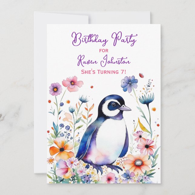 Invitation Pingouin en fleurs Anniversaire de la fille (Devant)