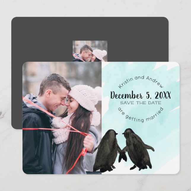 Invitation Pingouin Enregistrer la photo de la date (Devant / Derrière)