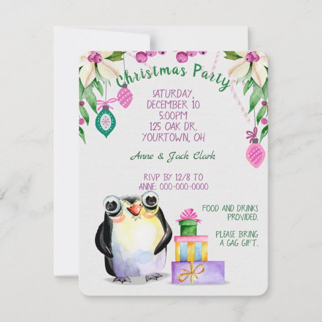 Invitation pingouin et cadeaux pour la fête de Noël tropicale (Devant)