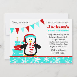 Invitation Pingouin Flamme de neige Turquoise hiver Onederlan