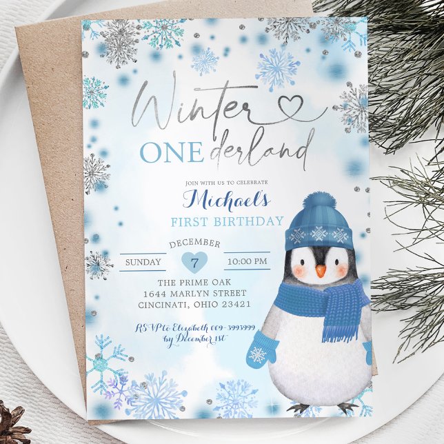 Invitation Pingouin Hiver Snowflakes Onederland Anniversaire (Créateur téléchargé)