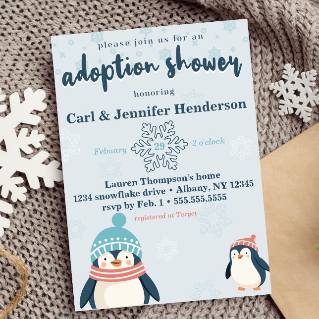 Invitation Pingouin mignon adoption bébé / douche pour enfant (adoption baby / child shower cute snowy penguins snowflake winter shower for adoptive families )