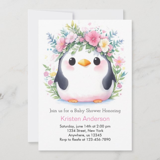 Invitation Pingouin rose Floral Joyful Baby shower Whimsy (Devant)