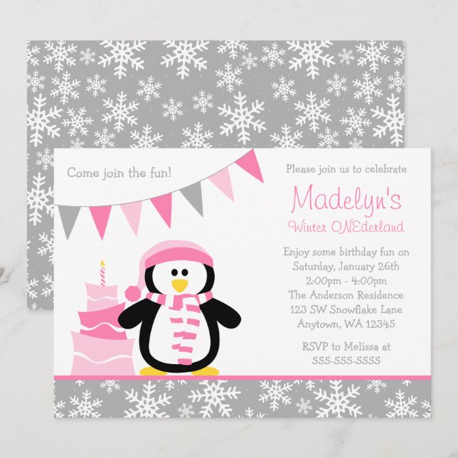 Invitation Pingouin Snowflakes Pink Winter Onederland Anniver (Devant / Derrière)