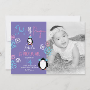 Invitation Pingouin Snowflakes Rose Bleu 1er anniversaire Pho