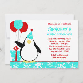 Invitation Pingouin Turquoise Snowflakes Winter Onederland An