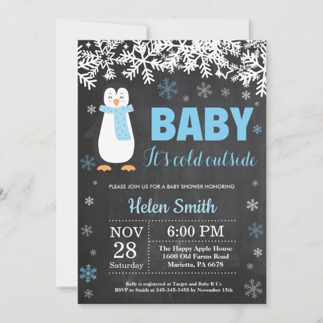 Invitation Pingouin Winter Boy Baby shower Chalkboard (Devant)