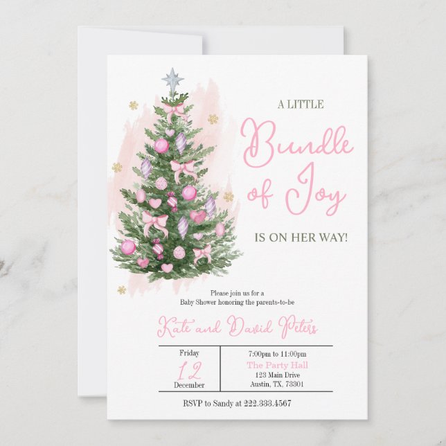 Invitation Pink A Little Bundle Joy Baby shower de Noël (Devant)