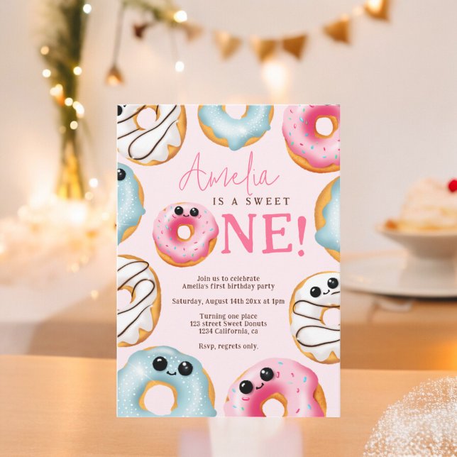 Invitation Pink Adorable Sweet One mignon beignets 1er annive (Pink Adorable Sweet One cute donuts 1st birthday Invitation)