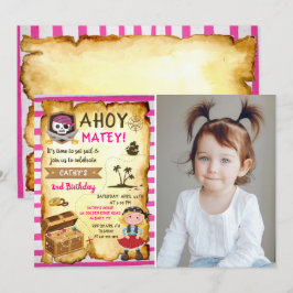 Invitation Pink Ahoy Treasure Map Girls Pirate Photo Annivers