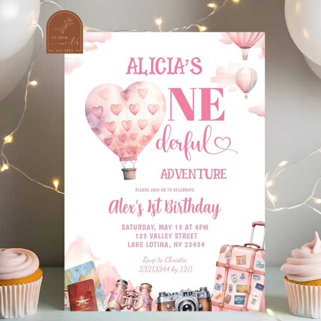 Invitation Pink Air Balloon Girl Oneferdul World 1st Birthday (Créateur téléchargé)