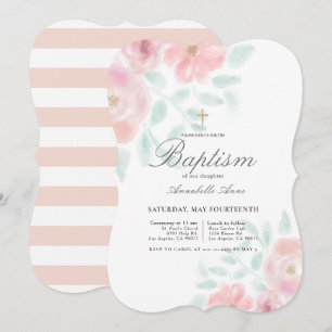 Invitation Pink Airy Roses Floral Girl Baptism