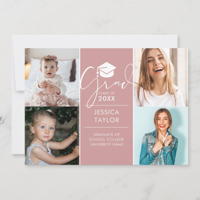 Invitation Pink Alors Et Maintenant 4 Photo Graduation Party (Devant)