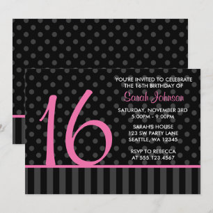 Invitation Pink and Black Polka Dot Stripes Sweet 16 Annivers