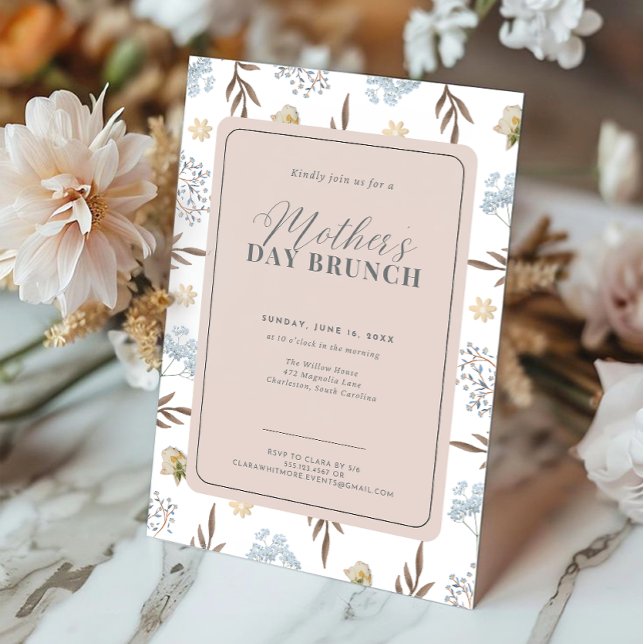 Invitation Pink and Blue Elegant Floral Mère's Day Brunch (Créateur téléchargé)