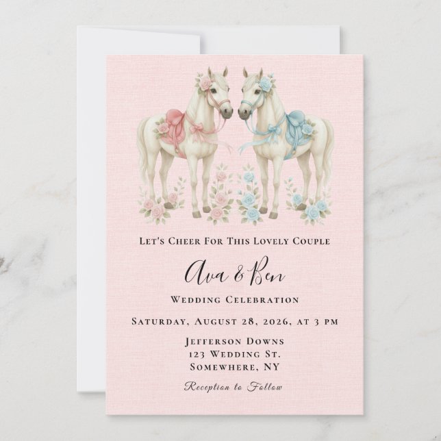 Invitation Pink and Blue Pastel Flowers Horse Mariage (Devant)