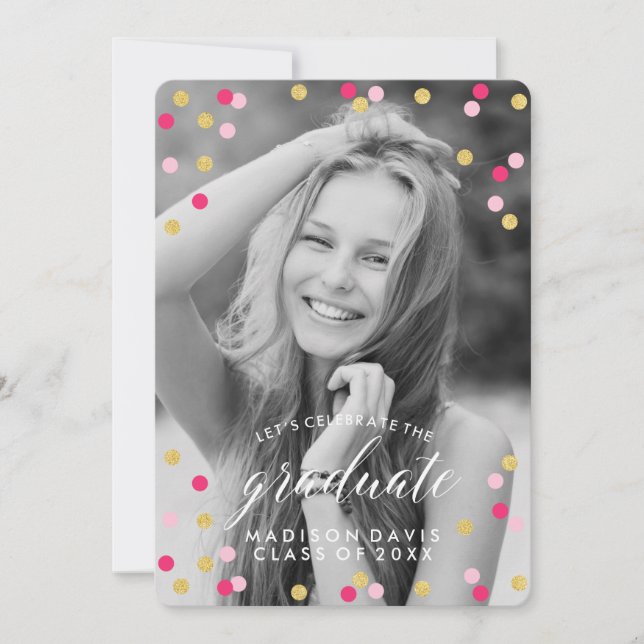Invitation Pink and Gold Confetti Chalkboard Photo Graduation (Devant)