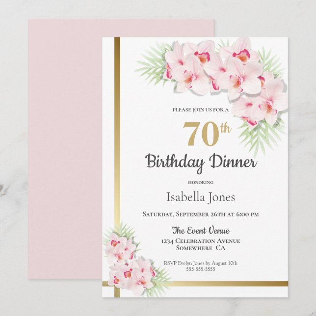 Invitation Pink and Gold Floral 70e anniversaire Diner Party (Devant / Derrière)