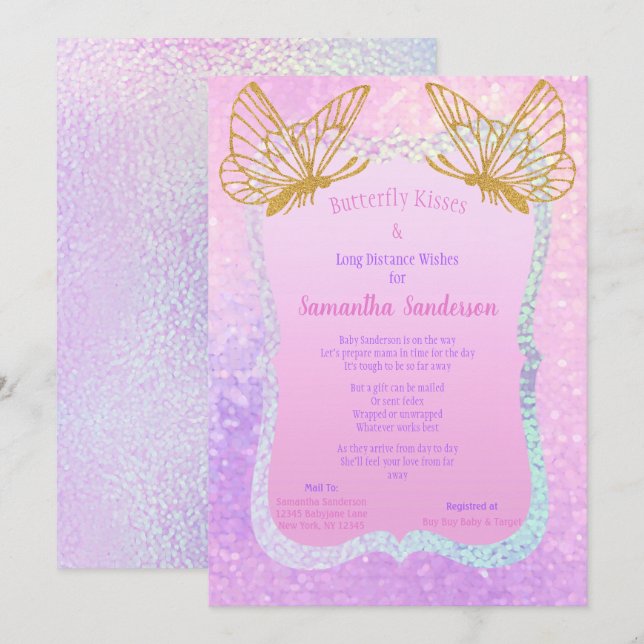 Invitation Pink and Gold Girl Long Distance Baby shower Baby (Devant / Derrière)