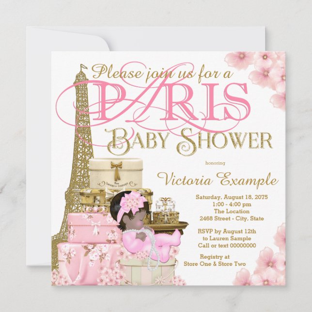 Invitation Pink and Gold Paris Ethnic Girl Baby shower (Devant)
