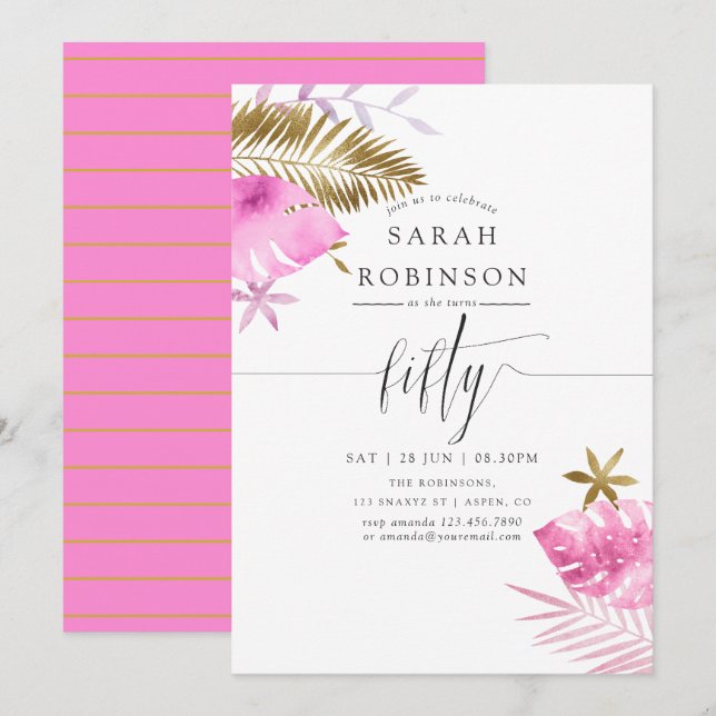 Invitation Pink and Gold Tropical 50th Birthday Party Invitat (Devant / Derrière)