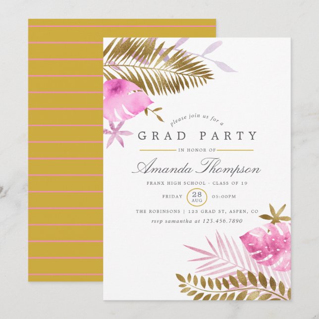Invitation Pink and Gold Tropical Feuille Graduation Party (Devant / Derrière)
