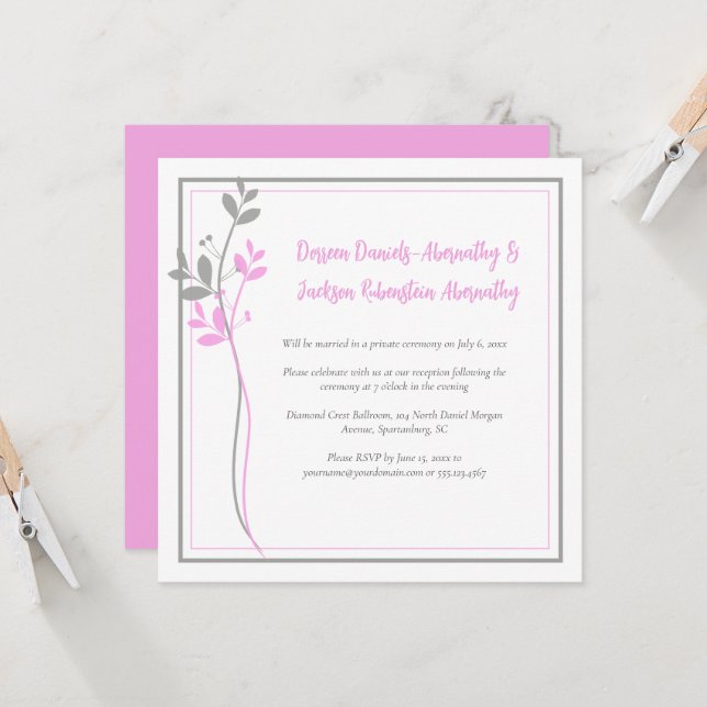 Invitation Pink and Gray Modern Botanical Reception Only | (Devant/Arrière en situation)