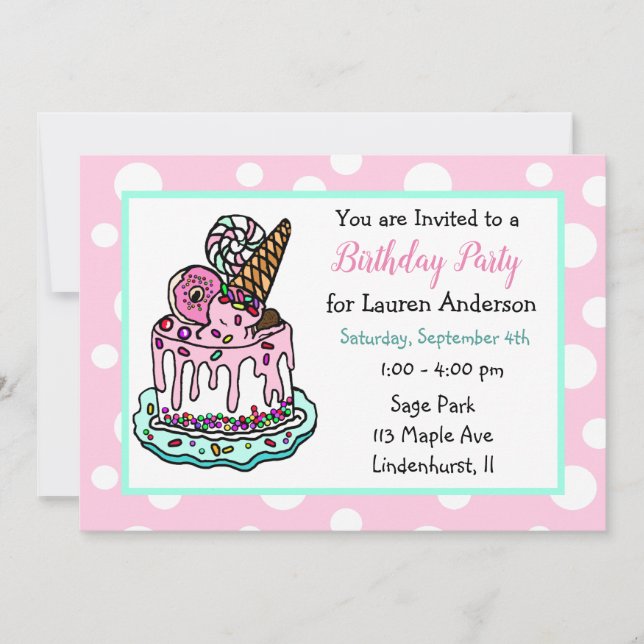 Invitation Pink and Mint Green Whimsical Cake Girl'anniversai (Devant)