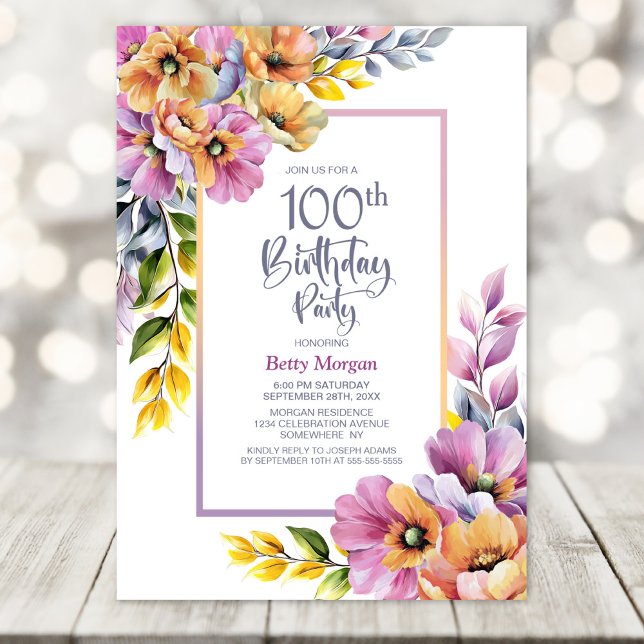 Invitation Pink and Orange Floral 100th Birthday Party (Créateur téléchargé)