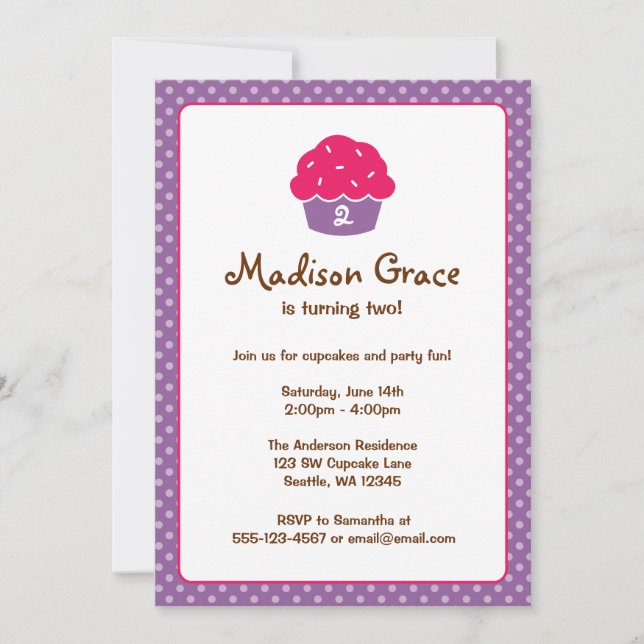 Invitation Pink and Purple Cupcake Polka Dot Anniversaire (Devant)