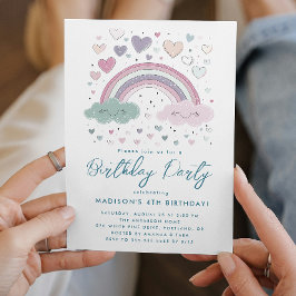 Invitation Pink and Purple Rainbow & Hearts Birthday Party