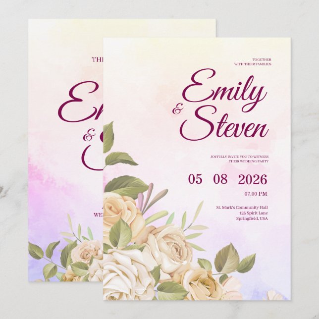 Invitation Pink and Purple Watercolor Elegance Wedding (Devant / Derrière)