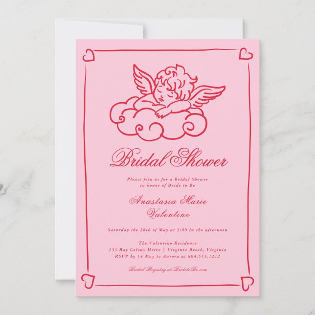 Invitation Pink and Red Cherub Whimsical Bridal Shower  (Devant)