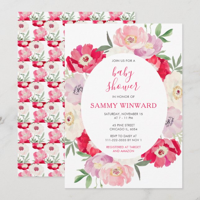 Invitation Pink and Red Peony Flowers Baby Shower (Devant / Derrière)