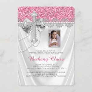 Invitation Pink and White Satin Glitter First Communion