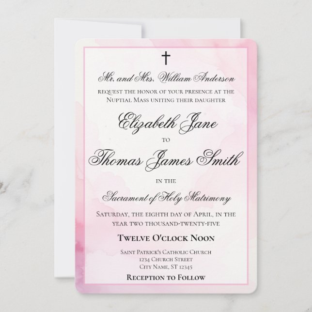 Invitation Pink and White Watercolor Catholic Wedding (Devant)