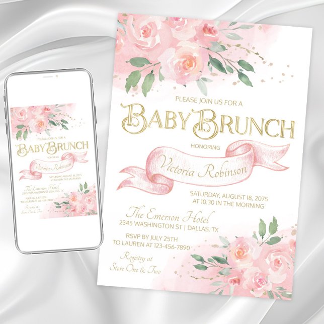 Invitation Pink Aquarelle Rose fille Baby shower Brunch (Pretty blush pink baby brunch invitation. Instant download and printed invitations available.)