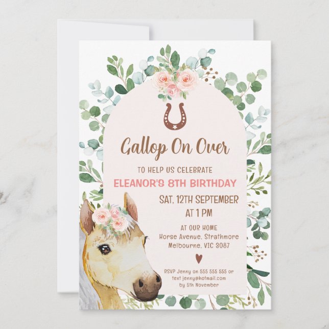 Invitation Pink Arch Folie Horse Pony Anniversaire (Devant)
