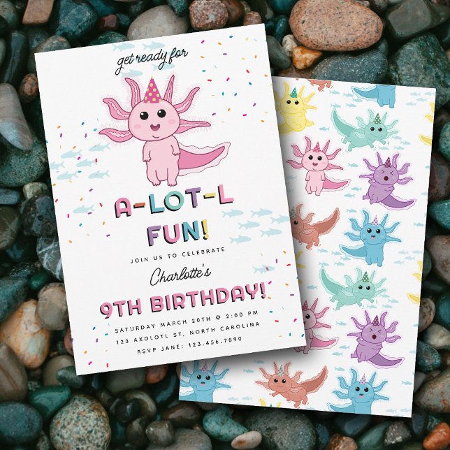 Invitation Pink Axolotl Enfants mignonne Salamander Anniversa (Pink Axolotl Kids Cute Salamander Birthday Party Invitation)