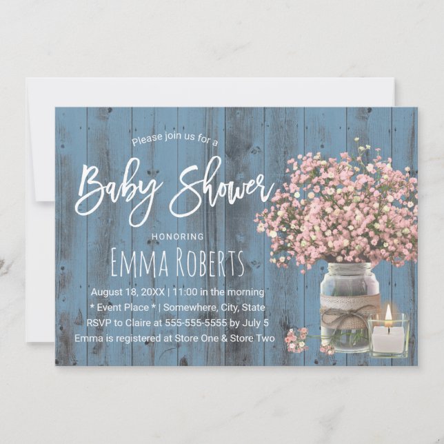 Invitation Pink Baby's Breath & Candle Dusty Baby shower bleu (Devant)